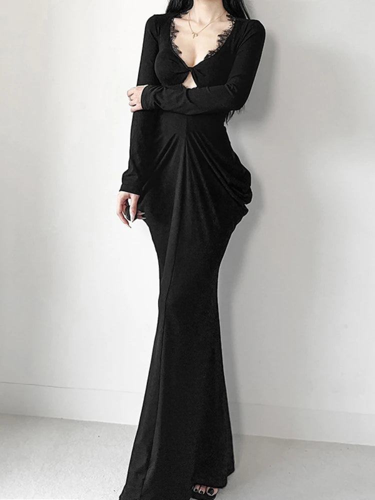 Hnewly  Elegant Lace Splicing Mermaid Dress Women Autumn V-neck Long Flare Sleeve Slim Bodycon Vestidos Vintage Chic Evening Party Robe