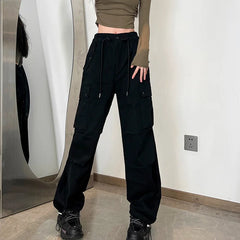 Hnewly  High Street Multi Pockets Cargo Pants Women Autumn Sporty Drawstring High Waist Pants Woman Button Wide Leg Trousers Mujer