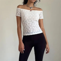 Hnewly Lace Tops for Women Fairycore Clothing Off Shoulder Hollow Out Short Sleeve Tshirt with Little Flower Decor y2k Clothes