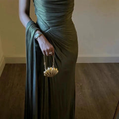 Hnewly   A-Line Side Split Simple Draped Olive Green One-Shoulder Satin Evening Dresses Mermaid Floor Length Party Prom Gowns