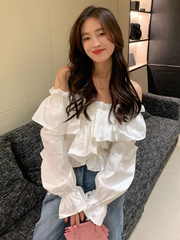 Hnewly Off Shoulder Ruffles White Shirt Women Flare Sleeve Sexy Cropped Slim Blouse Korean Fashion Slash Neck Female Elegant Tops