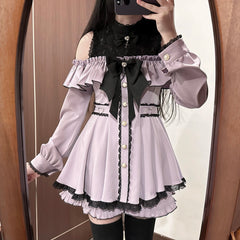 Hnewly  Mine Mass-Produced Oversize Dress Set for Women Spring Japanese Slim Fit Lolita Long Sleeve Top and Shorts 2-Piece Set for Women