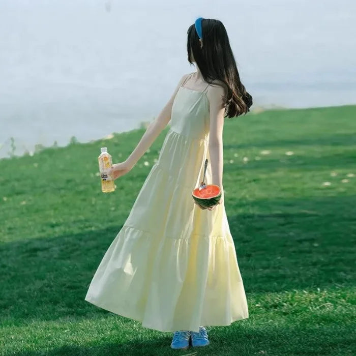 Hnewly  Gentle Style Mori Style Yellow Sling Dress Women's Summer New Elegant Tight Waist Slimming Long Dress