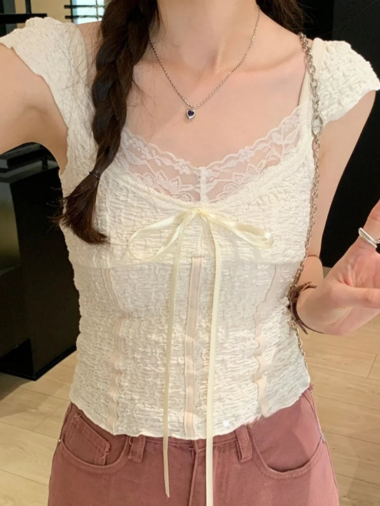 Hnewly Faionable Lace ort Sve V-Ne T-irt Women's Summer New Sle Korean Version Slim Fit Pure Color Moisture ng