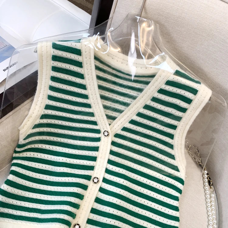Hnewly  Spring V-Neck Striped Knitted Vest Korean Hollow Out Sleeveless Top Women's 2023 Autumn Loose All-Matched Outwear Cardigan Tank