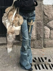 Hnewly  Y2k Aesthetic Women Zipper Denim Pant Spring High Waist Vintage Hollow Out Hole Harajuku Pants Streetwear Grunge Flared Trousers
