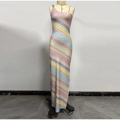 Hnewly  Elegant Printed Women's Dress Fashion Sleeveless Off Shoulder Skinny Slim Maxi Dresses Summer Chic Female Vacation Robe
