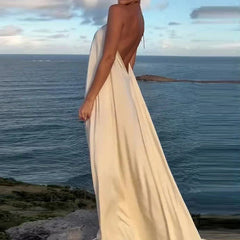 Hnewly  Ladies Casual Hanging Neck Hollow Solid Color Dress Summer Loose Swing Vacation Dress Sexy Backless Hollow Out Robe Dresses