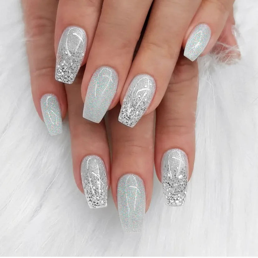 Hnewly 24Pcs Gradient Pink Fake Nails with Glue Mid-length Ballet False Nails  Sequins Design Press on Nails Wearable Press on Nails