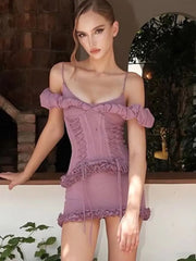 Hnewly  Cutenew Slash Neck Sexy Dress Women Sweet Mesh Ruffles Shirring Sleeveless Patchwork Stretch Vacation Party Club Bodycon