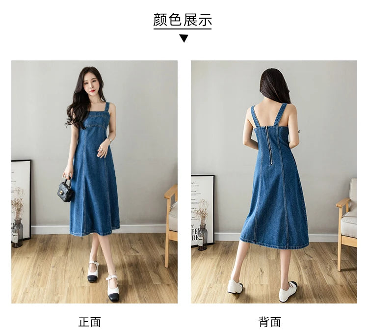 Hnewly  Denim Spaghetti Strap Dress New Summer Women's Retro Strap A-Line Dress Classic Blue Tea-Length Versatile Slim Sun Dresses