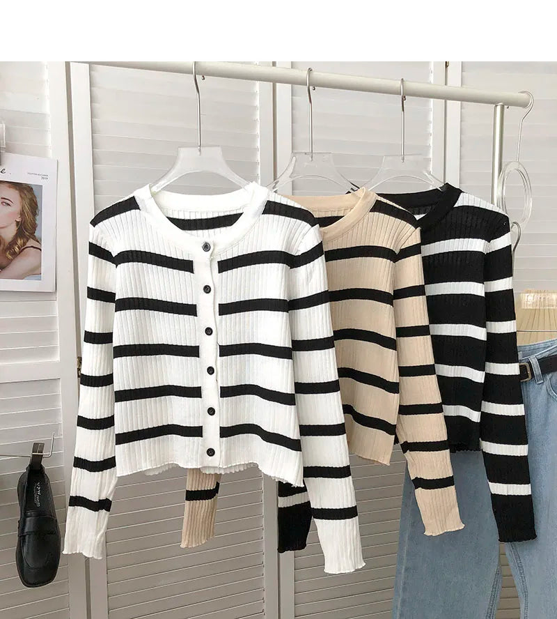 Hnewly  Women's Striped Knitting Cardigan Single Breasted Long Sleeved Sweater+Spaghetti Straps Vest Spring Autumn Korean Top 2pcs