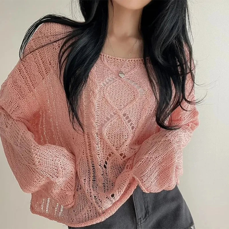 Hnewly  Long Sleeve Crochet Top Cable Knit Summer Beach Bikini Cover Up Crop Pullover Openwork Blouse Women Vacation Boho Outfit
