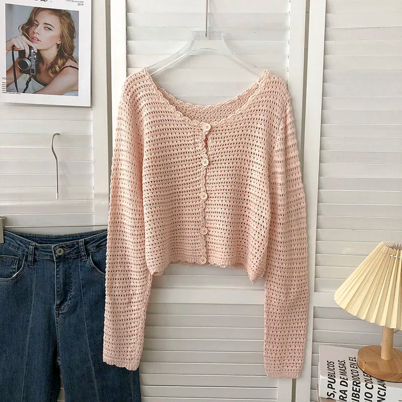 Hnewly  Crochet Cardigan for Women Sheer Openwork Knit Long Sleeve Button Up Crop Top Teen-girl Shrug Cardigan Autumn Spring Y2K Outfit