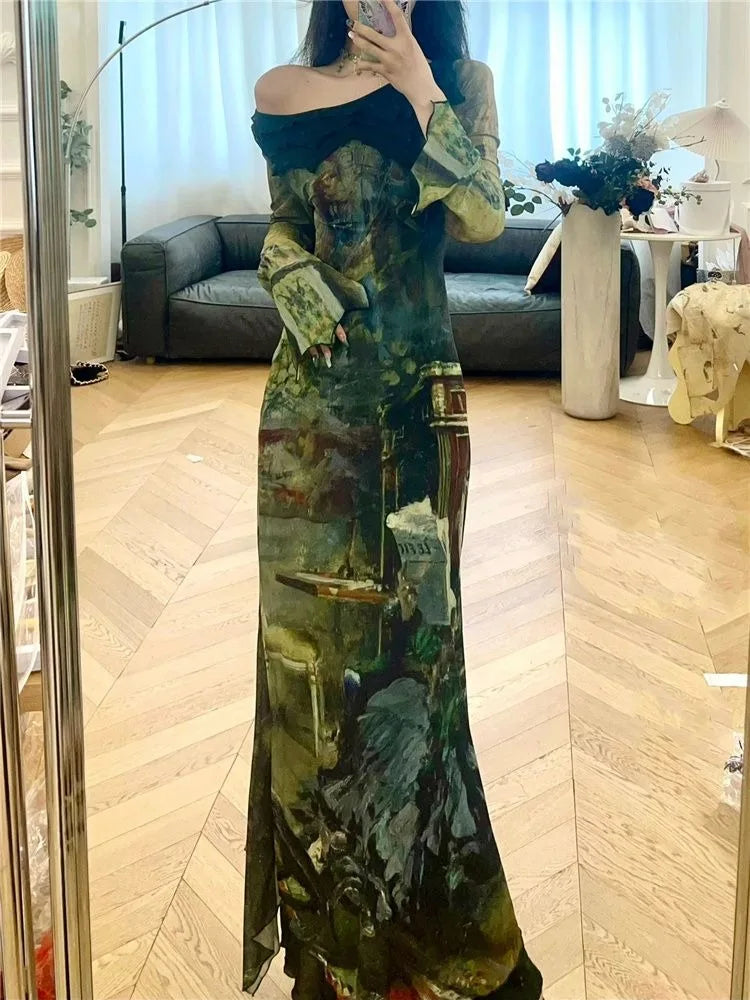 Hnewly Elegant Vintage Green Print Dresses Y2k Skew Collar Long Sleeve Dress for Women Spring New Slim Fit Bodycon Vestidos Mujer