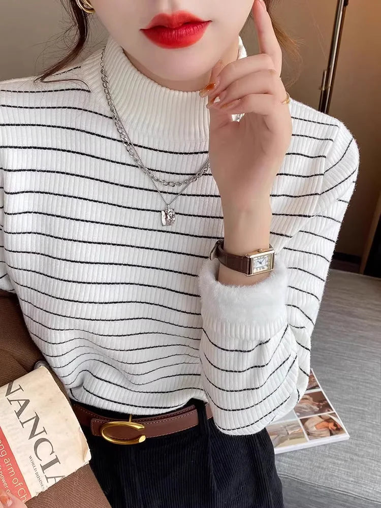Hnewly  Half High Collar Striped Sweater Velvet Bottoming Shirts for Women's Autumn Winter Thicked Warm Pullover Slim Knitting Top