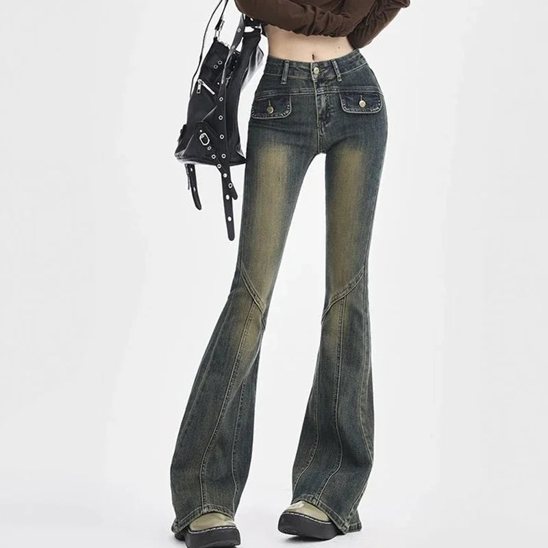 Hnewly Woman High Waist Elastic Spliced Wide Leg Jeans Female Vintage Slim Fit Flare Pants Lady Blue Black Grey Denim Trousers Big Size