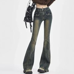 Hnewly Woman High Waist Elastic Spliced Wide Leg Jeans Female Vintage Slim Fit Flare Pants Lady Blue Black Grey Denim Trousers Big Size