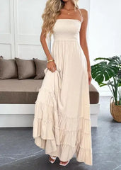 Hnewly  Autumn and Winter Women's Elegant Vacation Style Strapless Neck Hanging Suspender Ruffle Stylish Long Dress ﻿