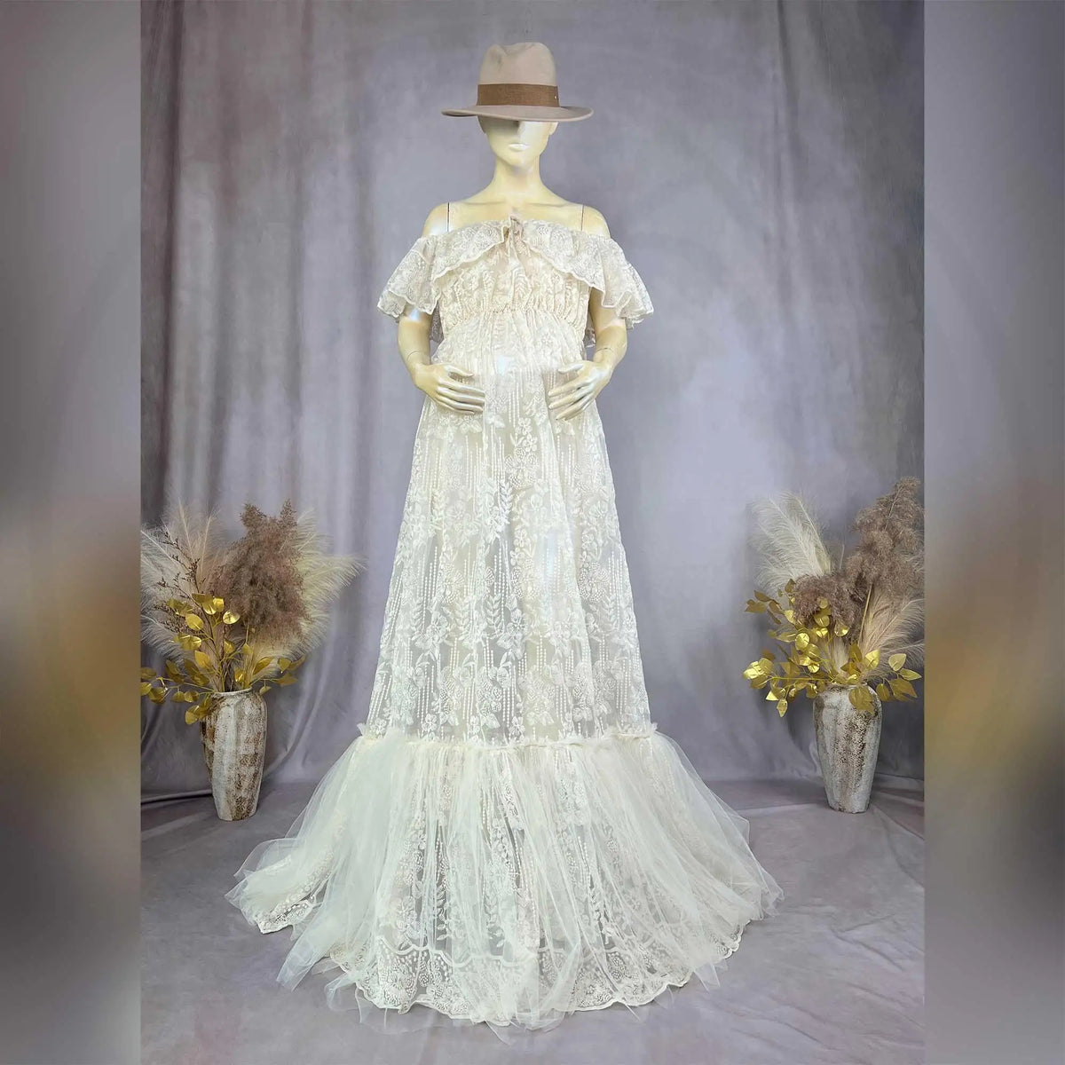 Hnewly  Off Shoulder Maternity Woman Dress For Baby Shower Photography Organza Embroidered Flowers Gown For Pregnant Lady