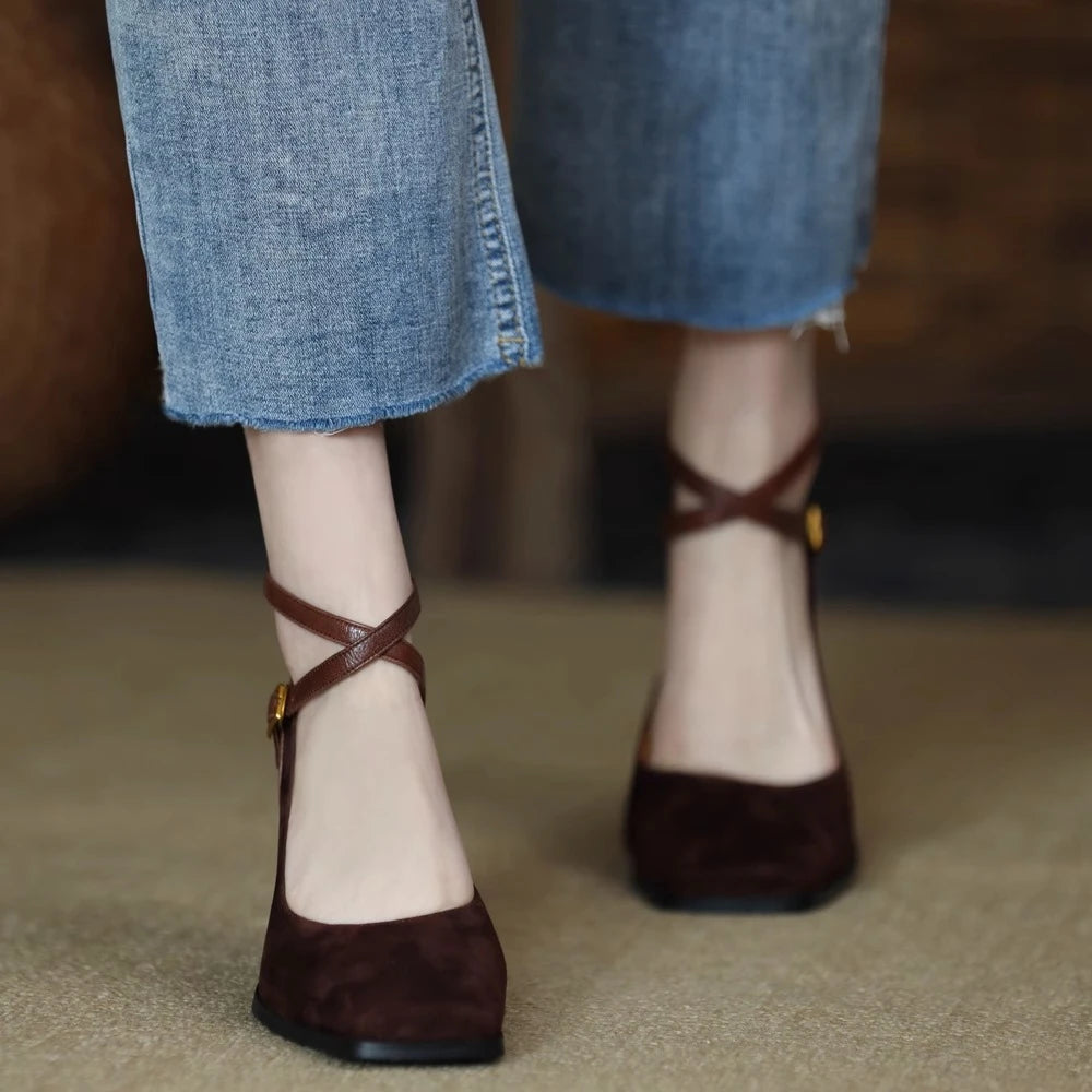 Hnewly Spring and Autumn New Fashion Square Toe Thick Heel Retro Matte Sexy Trendy Cross Buckle Women's Shoes