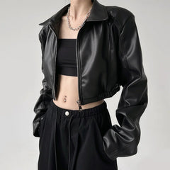 Hnewly American Vintage Pu Leather Women Jacket Y2K Black Lapel Long Sleeve Crop Coats Harajuku Streetwear Zipper Casual Outerwear