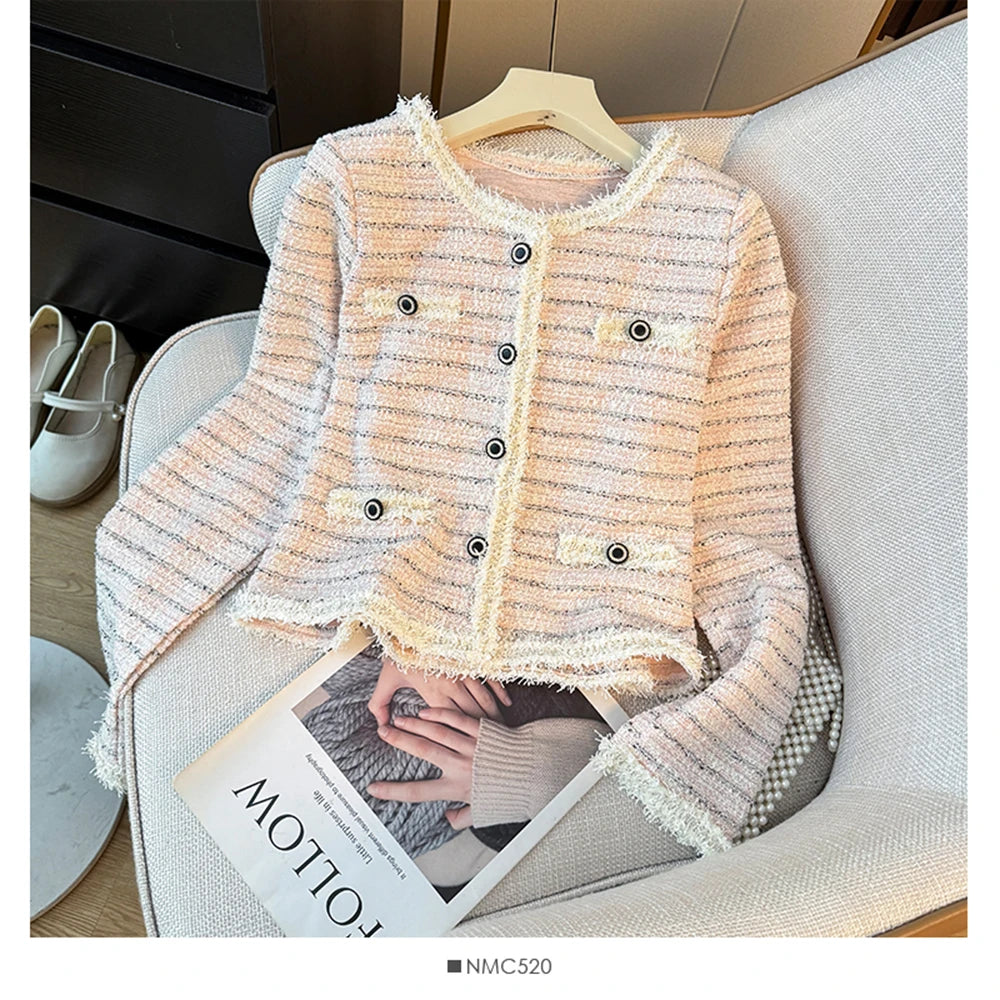 Hnewly  Fashion Sweet Tweed Jacket Women 2025 Autumn New Luxury Single-breasted Short Coats O-Neck Long Sleeve Elegant Female Outwear
