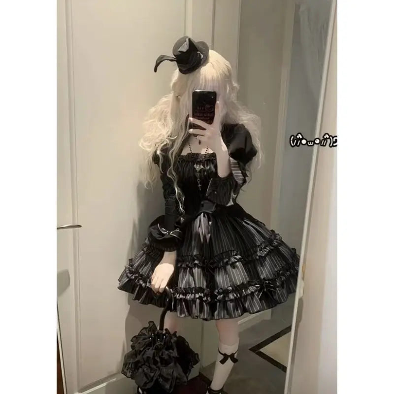 Hnewly Gothic Black Lolita Sets Women Casual Y2k Crop Top Blouse + Plaid Mini Skirts Japanese Kawaii 2 Piece Sets Vintage Clothing Chic