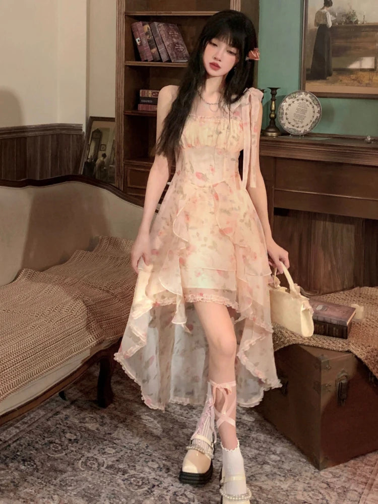 Hnewly French Elegant Fairy Print Dress Women Casual Even Party Irregular Sleeveless Midi Dress Female Vintage Y2k Floral Summer