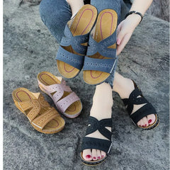 Hnewly  New Summer Women Wedge Sandals Premium Orthopedic Open Toe Sandals Vintage Anti-slip Leather Casual Female Platform Retro Shoes