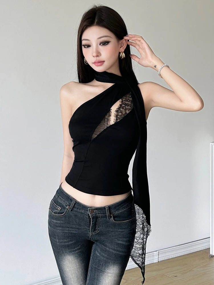 Hnewly Irregular Design Blouse Women Casual Sleeveless Sexy Lace Patchwork Y2k Crop Top Korean Fashion Shirts Black Gothic
