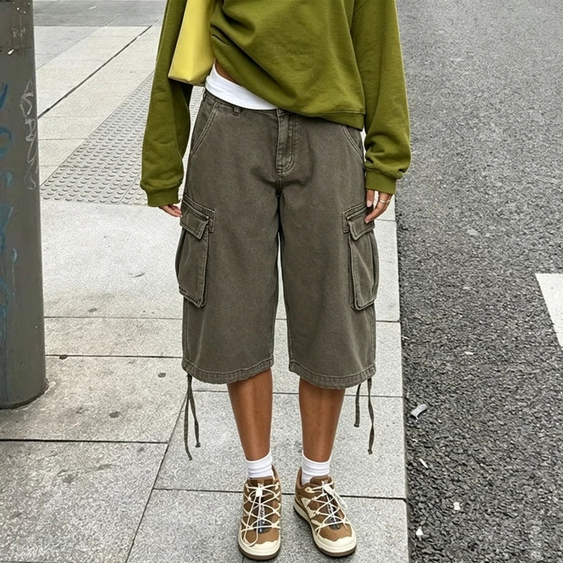 Hnewly  American Retro Cargo Bermuda Shorts Loose Knee Length Denim Shorts with Drawstring Y2K Aesthetic Grunge Streetwear Women Jorts