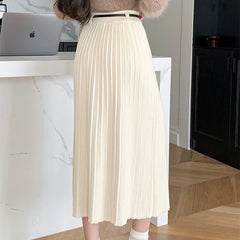 Hnewly  Elegant High Waist Knitted Skirts Women Spring Autumn Loose Pleated Mid-Long Skirts Woman Chic Solid Color Skirts Female