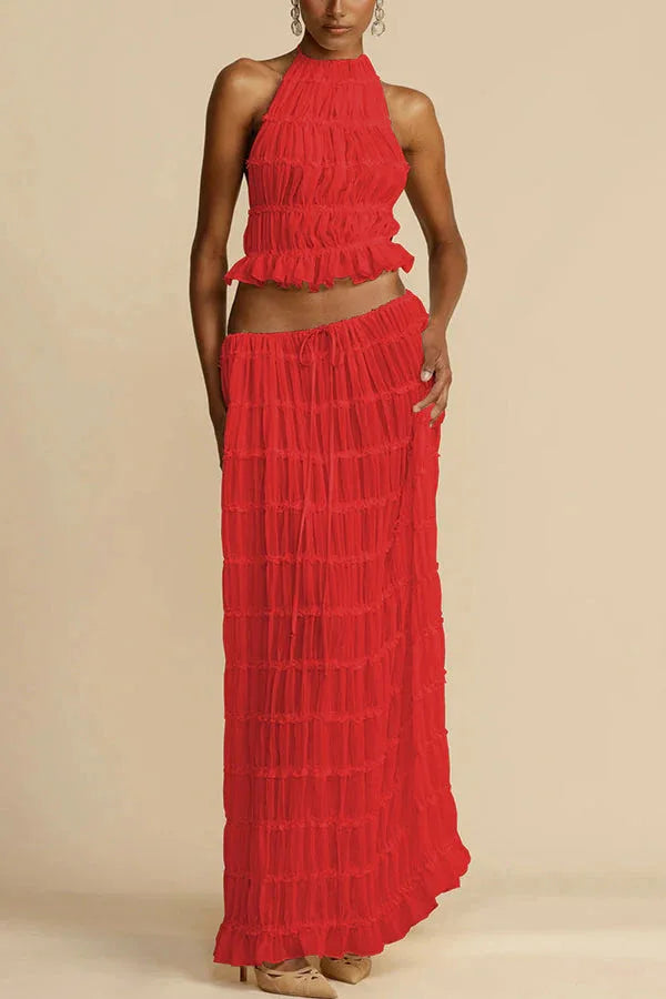 Hnewly Fashion Sexy Halter Neck Strap Vest Women's Aesthetic Lace Pleated Long Skirt Suit Spring Summer