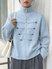 Japanese Solid Stand Neck Casual Cardigan Y2k Aesthetic Double-breasted Knitted Kardigan Autumn Harajuku Zipper Loose Sweater