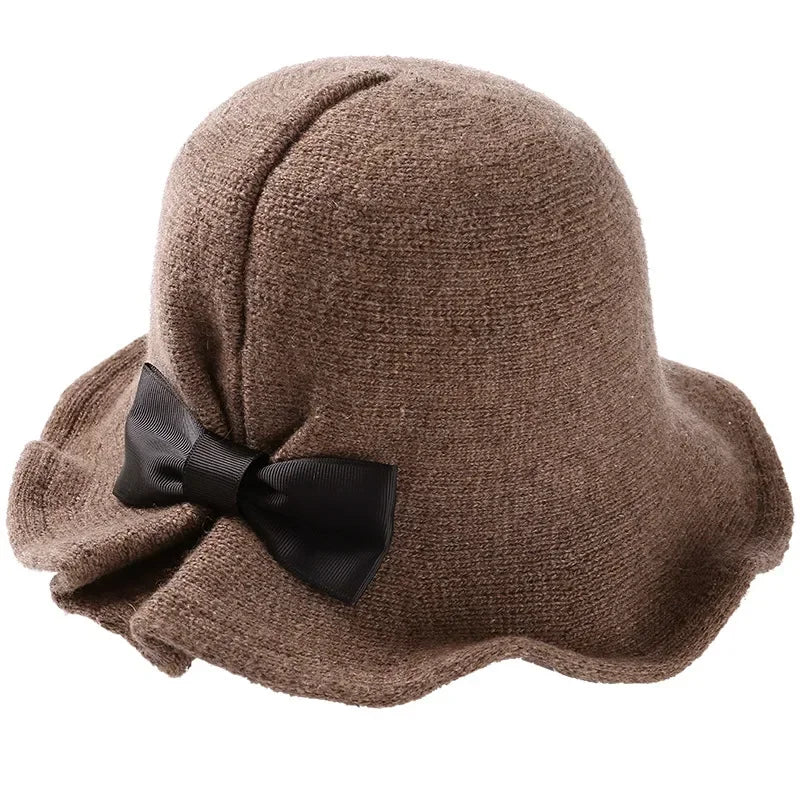 Hnewly Vintage Wool Bucket Hats Women Fashion Bows Basin Fisherman Hat Winter Black Coffee Dark Camel Hat Ladies Head Accessories