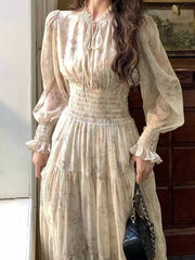 Hnewly  Floral Chiffon Dresses for Women Spring Autumn Elegant Long Dress Korean Fashion A-line Sweet Vestidos Mujer