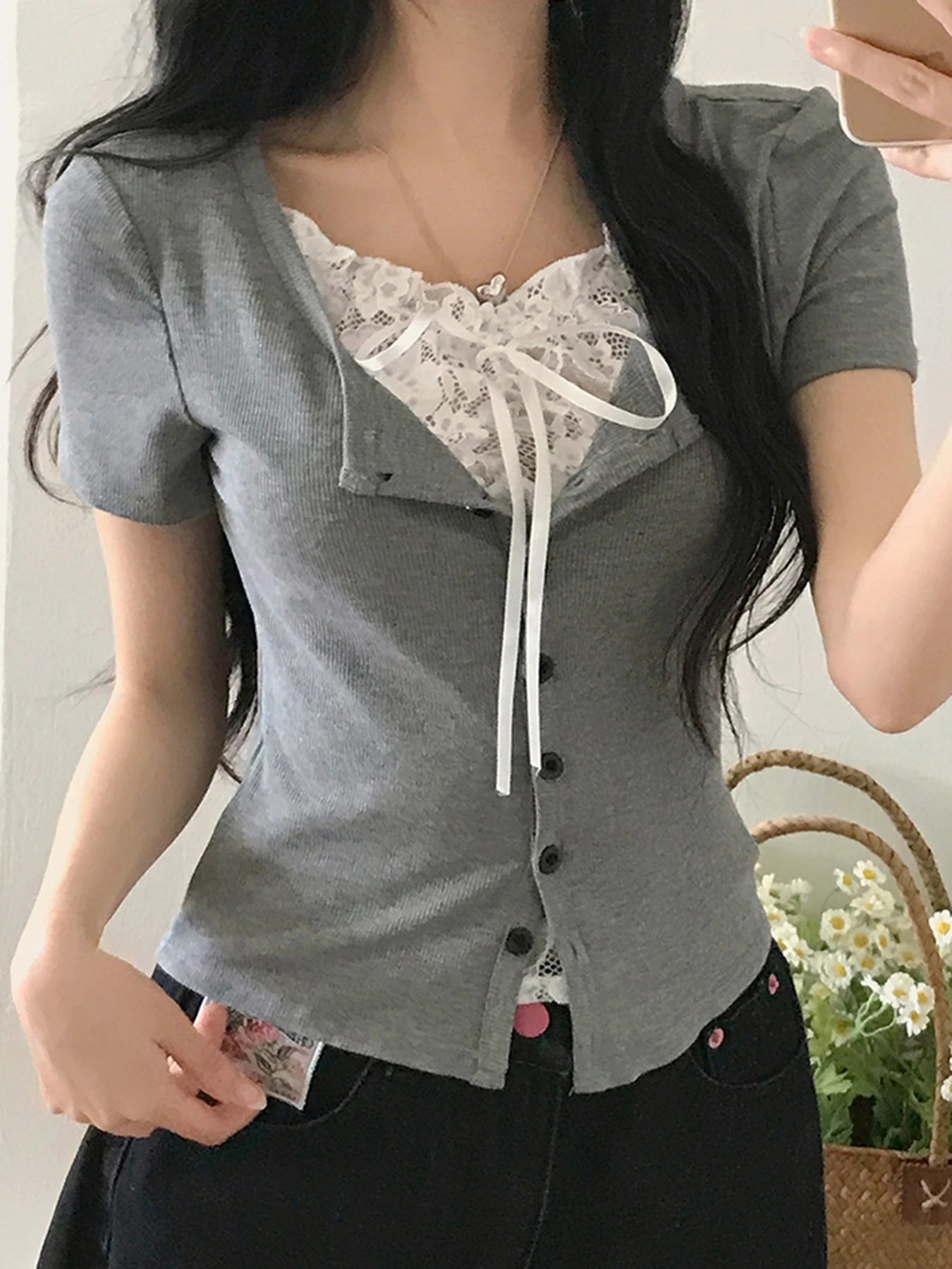 Hnewly Sweet Slim Fit Chic Fashion Simple Women T-Shirts Summer Patchwork Lace Spliced Fake 2 Piece Shirts