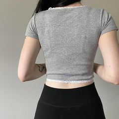 Hnewly Y2k Vintage Crop Top Lace Patchwork Square Collar Short Sleeve Skinny T-shirt Women Casual Summer Tees 2000s Basic Shirt