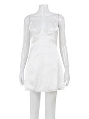Hnewly  Lace Patchwork Dresses For Women Fashion Sexy Spaghetti Solid Silk V-Neck Backless Mini Vestidos Robes Female