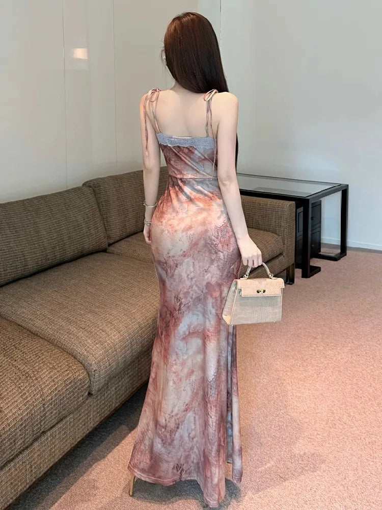 Hnewly  Temperament Elegant Dresses Women Oil Painting Floral Printed Sleeveless Vintage Stretch Bandage Party Dress Female Party