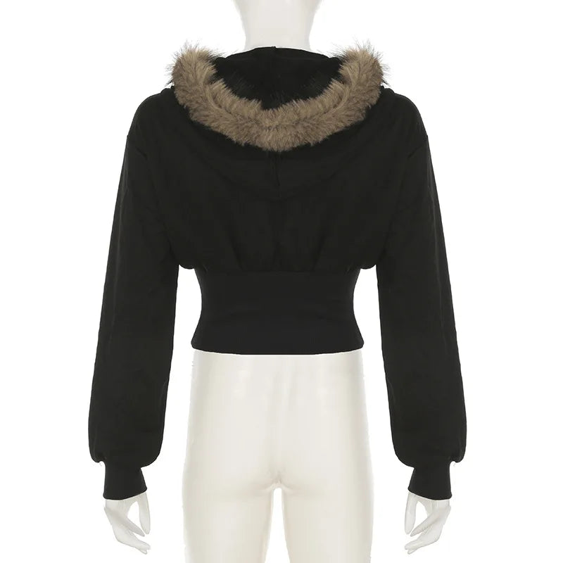 Hnewly y2k Jacket Women Punk Gothic Clothes Solid Color Fur Collar Zip Up Long Sleeve Coat 2000s Grunge Clothing Streetwear