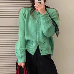 Hnewly  Pointelle Cardigan Women Long Sleeve Crew Neck Button Down Knit Sweater Jacket Autumn Winter French Chic Outfit