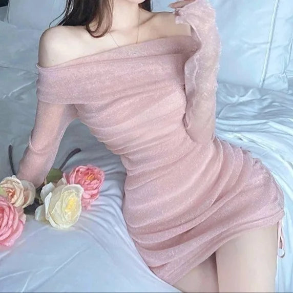 Hnewly  Elegant Pure Desire One Shoulder Dress Elastic Net Short Tight Bodycon Skirt Spring Summer Fashion Sweet And Spicy Pleated De...