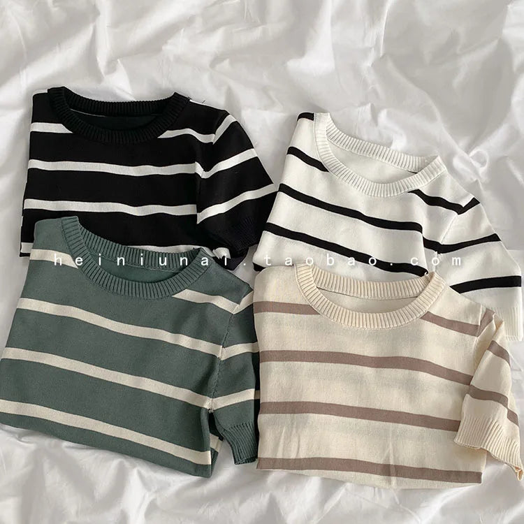 Hnewly  Vintage Stripe Knitted T-Shirt Women's Spring Summer New Fashion All-matched O- Neck Short Sleeve Slim Short Shirt Tops