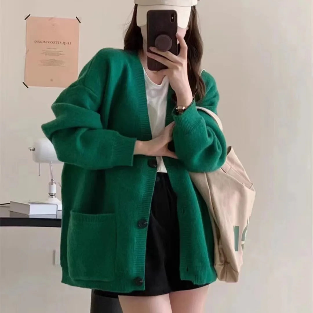 Hnewly  Slouchy Knit Cardigan Sweater for Women Long Sleeve V-neck Comfy Button Up Sweater Jacket Female Autumn Winter Casual Outfit