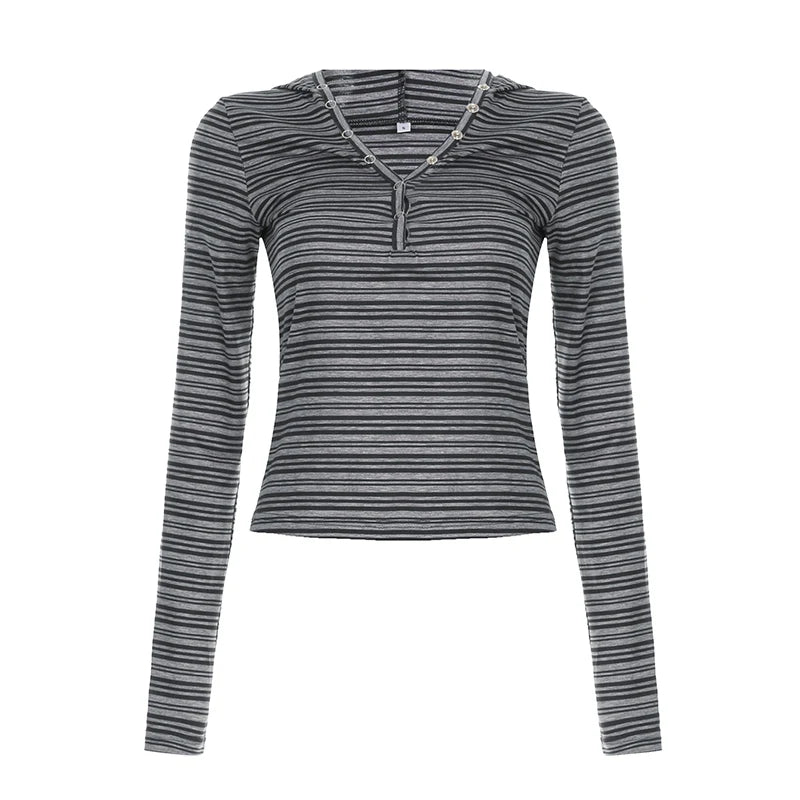 Hnewly Harajuku Striped Print Crop Top Vintage 2000s Button-up V Neck Long Sleeve Hooded T-shirt for Women Retro Streetwear y2k