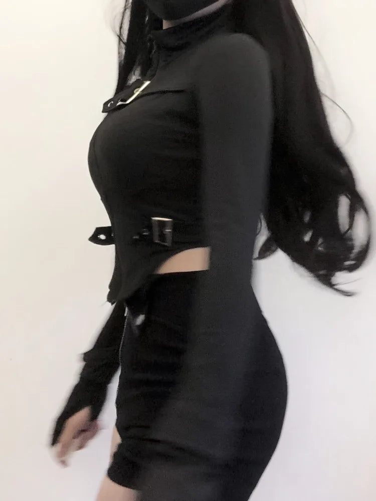 Hnewly 2025 Summer New Slim Fit Zipper Long Sleeve Black Tops Women+ Drawstring Ruched High Waist Shorts Y2k E-Girl Two Piece Sets
