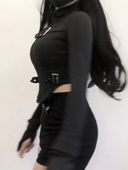 Hnewly Summer New Slim Fit Zipper Long Sleeve Black Tops Women+ Drawstring Ruched High Waist Shorts Y2k E-Girl Two Piece Sets