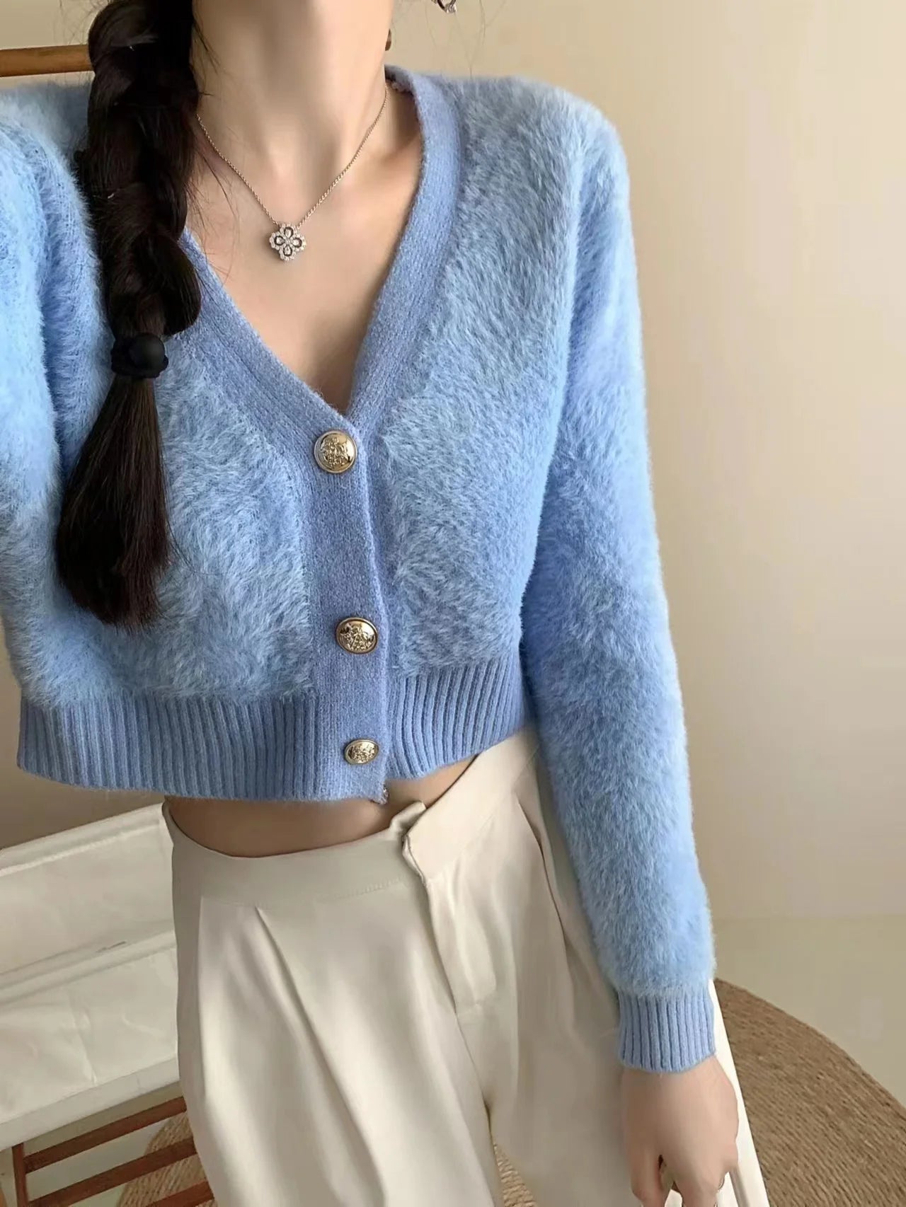 Hnewly  Fuzzy Knit Sweater Cardigan Women  Long Sleeve V-Neck Button Front Short Shrug Cardigan Teen-girl Fall Winter Y2K Outfit